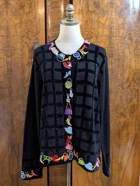 Vtg Just B Beaded Sequin Fashion Cardigan Sweater XL Black Windowpane Purses
